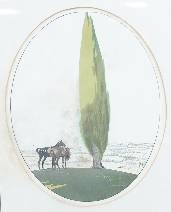 Ettore Tito (Italian, 1859-1941), Two horses beside a tree, signed in pencil, limited edition 294/500? (partially obscured by the mount), oval colour print, 30 x 24cm